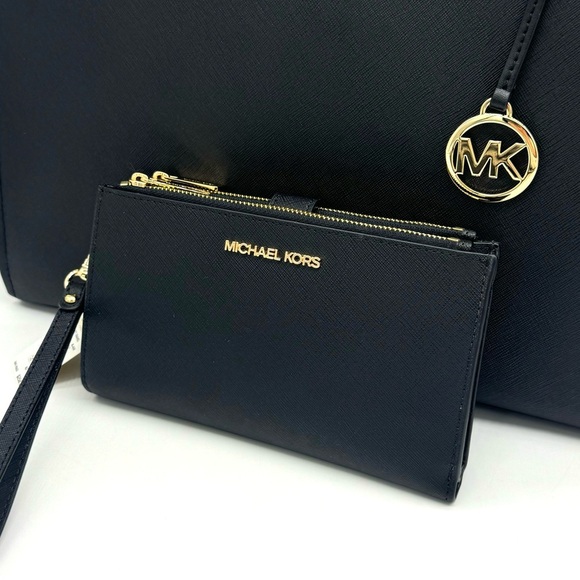 Michael Kors Large MF Pocket Shoulder Tote Bag & Double Zip Wallet Black/Gold - Picture 14 of 16